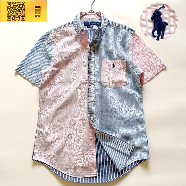 現行 POLO RALPH LAUREN ポロラルフローレン 半袖シャツ クレイジーパターン マルチカラー シアサッカー ポニー刺繍 XS S ブルーストライプ