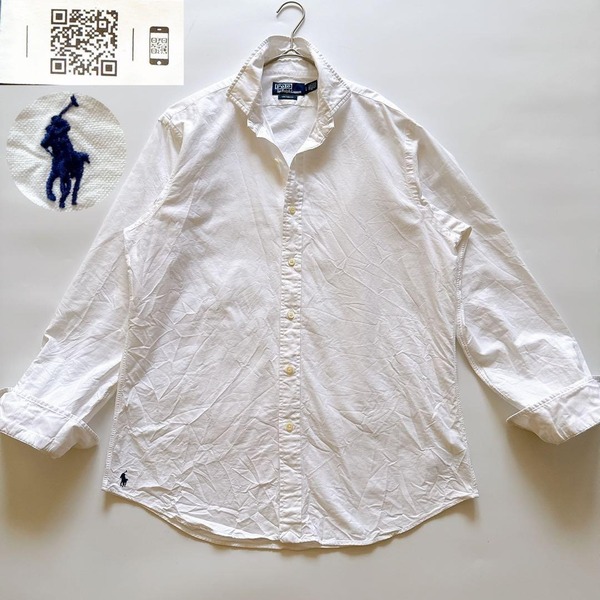 復刻現行QR POLO by Ralph Lauren ポロバイラルフローレン オックスフォードシャツ ワイドカラー 裾ポニー 刺繍 CUSTOM FIT ホワイト 白 L