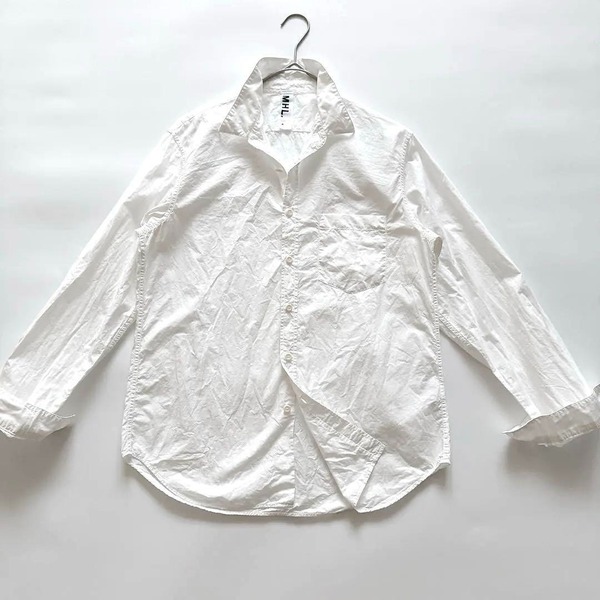 MHL. エムエイチエル MARGARET HOWELL マーガレットハウエル 長袖シャツ コットン ホワイト 白シャツ 無地 左胸ポケット ナチュラル素材 M