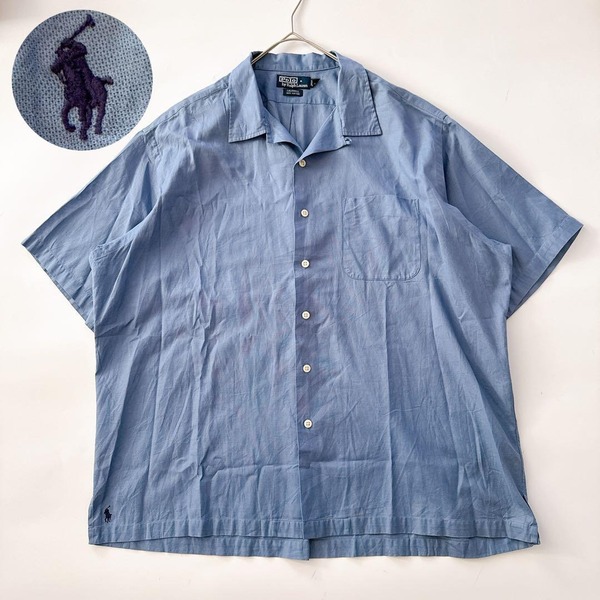 激レア 90s POLO by RalphLauren ポロラルフローレン CALDWELL コールドウェル オープンカラー 開襟シャツ 半袖 裾ポニー刺繍 ブルー XXL