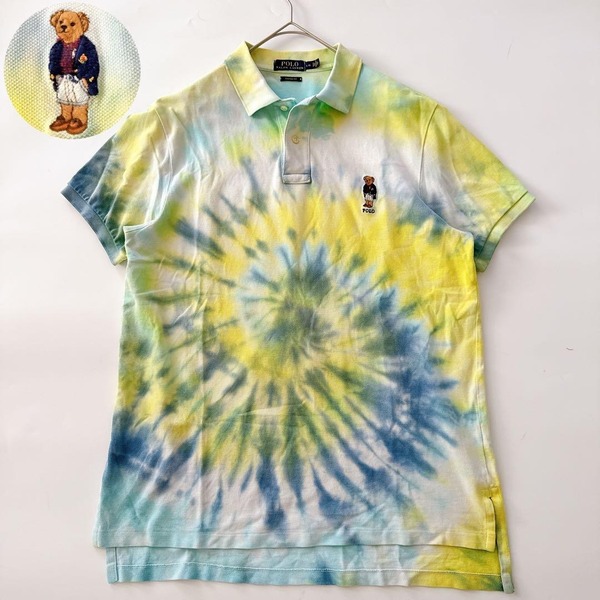 POLO RALPH LAUREN ポロラルフローレン ポロシャツ 半袖 CUSTOM FIT ポロベア刺繍 タイダイ グラデーション マルチカラー 総柄 L