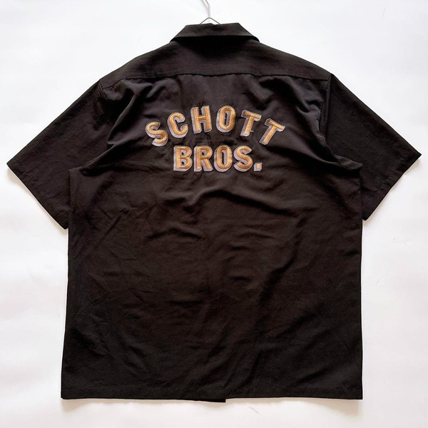 Schott ショット オープンカラー 開襟シャツ 半袖 刺繍ロゴ SCHOTT BROS. ブラック 黒 XL 刻印ボタン 猫目ボタン アメカジ ヴィンテージ