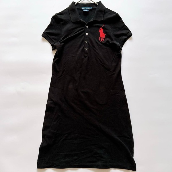 POLO RALPH LAUREN ポロラルフローレン ピマコットン ポロシャツワンピース 半袖 ビッグポニー刺繍 ロゴ ブラック 黒 M Iライン タイト