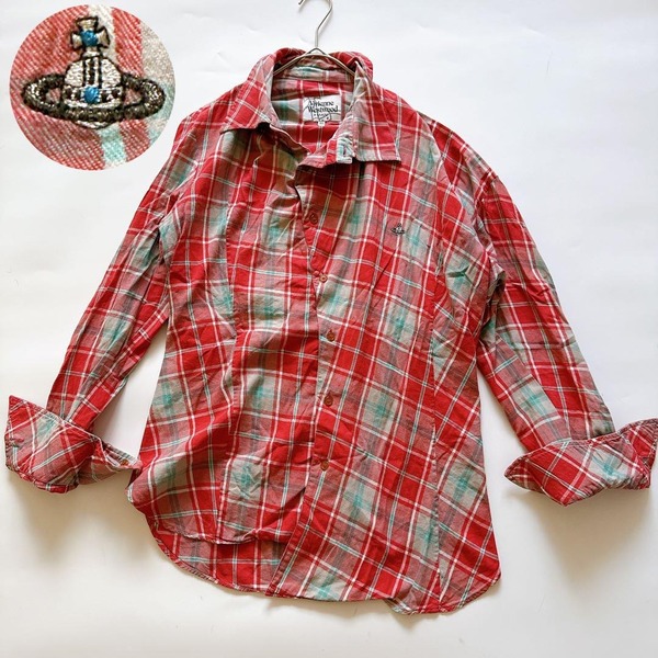 Vivienne Westwood MAN ヴィヴィアンウエストウッド 長袖シャツ チェック オーブ刺繍 変形シルエット ビッグカラー ウエストマーク 46 M