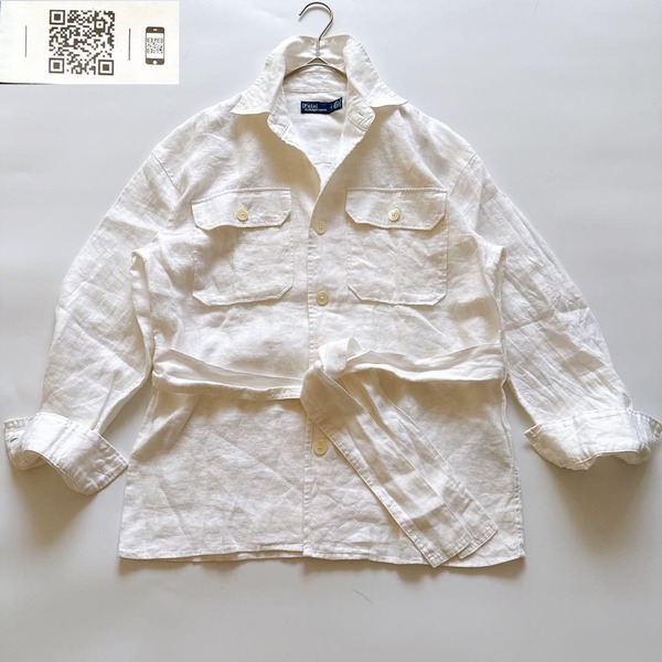 復刻 現行QR POLO by RALPH LAUREN ポロラルフローレン 長袖 リネンシャツ ベルト ウエストマーク ロング ホワイト 白 ポニーなし 2
