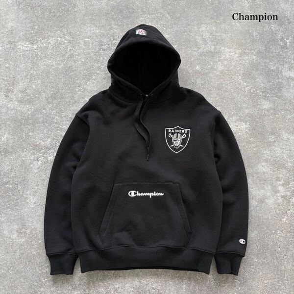 【Champion】NFL RAIDERS チャンピオン レイダース スウェットパーカー プルオーバー フーディ ブラック 黒 肉厚刺繍ロゴ (M)