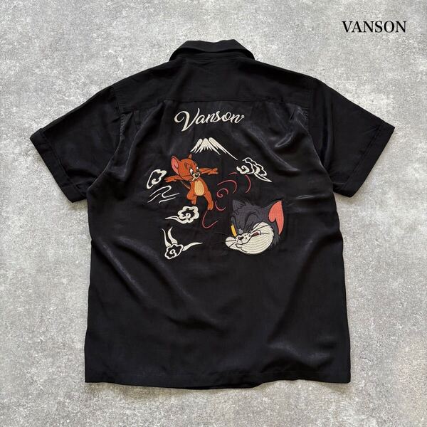 【VANSON】バンソン トムとジェリー オープンカラーシャツ アロハシャツ ハワイアンシャツ 半袖シャツ ブラック 黒 富士山 開襟 (M)