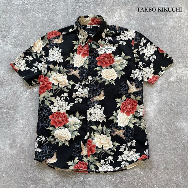 【TK TAKEO KIKUCHI】タケオキクチ フラワープリント 半袖シャツ ボタンダウンシャツ 花柄シャツ 菊 雀 和柄 ブラック 黒 (Lサイズ)