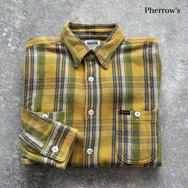 【Pherrow's】フェローズ ヘビーフランネルシャツ ネルシャツ 長袖ワークシャツ ボタンダウンシャツ チンスト マチ付き コットンツイル 40