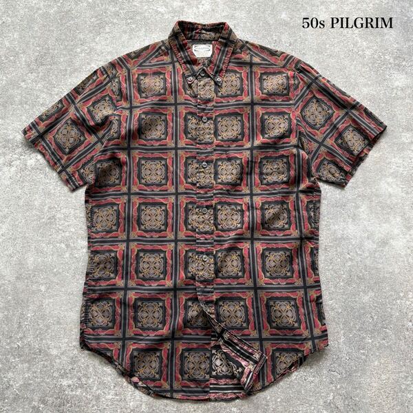 【PILGRIM】ピルグリム Sears Roebuck 50s-60s 半袖シャツ ボタンダウンシャツ ヴィンテージ 総柄シャツ バロック調 1950年代後期 (M)