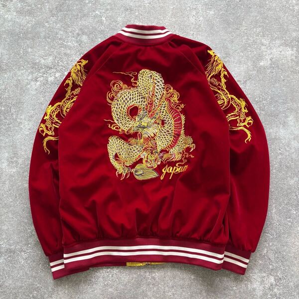 【暴走計画】ぼうそうけいかく ベロアスカジャン スーベニアジャケット 刺繍 ブルゾン 龍 金龍 背面刺繍 攻めの一着 背中で語る主役級 (XL)