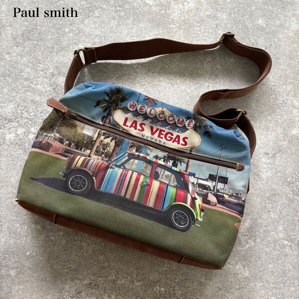 【Paul Smith】ポールスミス キャンバス ショルダーバッグ メッセンジャーバッグ マルチストライプ ミニクーパー LAS VEGAS 入手困難 幌布