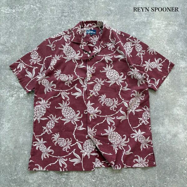 【REYN SPOONER】レインスプーナー オープンカラーシャツ アロハシャツ ハワイアンシャツ 半袖シャツ パイナップル総柄 ウォッシュ加工 (M)