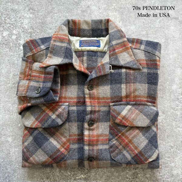 【PENDLETON】70s ペンドルトン ボードシャツ オープンカラー 長袖シャツ ヴィンテージ 70年代 アメリカ製 Made in USA ウール チェック