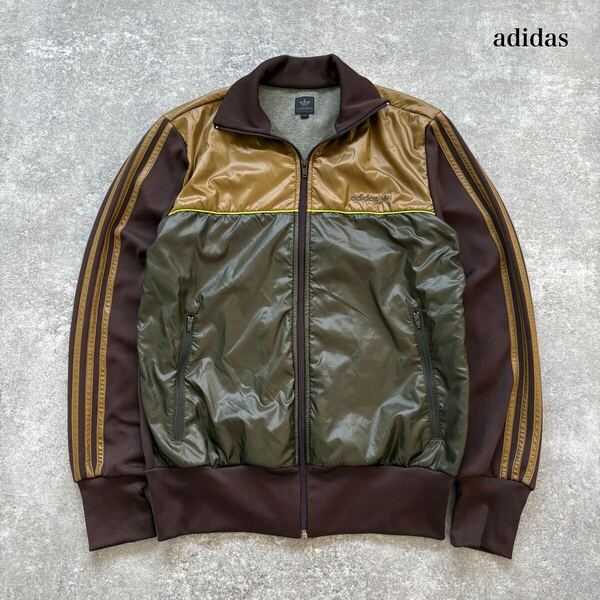 【adidas】アディダス ナイロン切り替え トラックジャケット ジャージ トラックトップ ハイブリッド バイカラー スリーストライプ 刺繍ロゴ