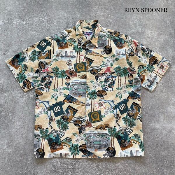 【REYN SPOONER】レインスプーナー NFL JAGUARS 半袖シャツ アロハシャツ ハワイアンシャツ 総柄 コットン ジャクソンビルジャガーズ (L)