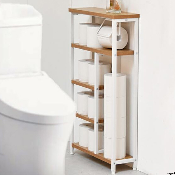 【スリムで多用途な木目調トイレラック】 サニタリー収納 幅460mm オープンラック トイレットペーパーホルダー付き ナチュラル