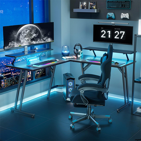 【LEDライト付きで明るさや色を調節、ゲームや作業の雰囲気を向上】 L字デスク ゲーミングデスク PCデスク LEDライト 学習机 在宅ワーク