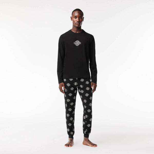 ■■202505即決■ LACOSTE ラコステ 新品ブラック/ホワイト プラネットプリント長袖パジャマセット / ルームウェア S(インポートサイズ)