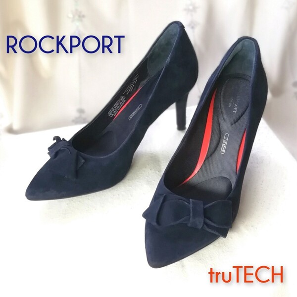 『ROCKPORT(ロックポート』ポインテッドトゥ/ リボンパンプス/ゴートスエード(山羊)小さいサイズ/22cm/ネイビー
