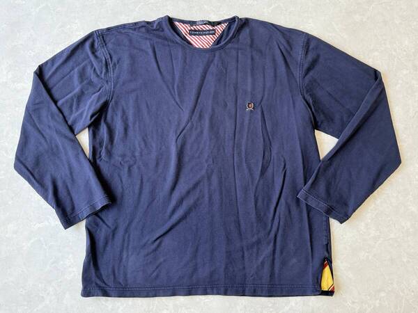 ☆送料無料☆ TOMMY HILFIGER トミーヒルフィガー USA直輸入 古着 長袖 ロゴ プルオーバー マチ付き メンズ XXL ネイビー トップス 中古