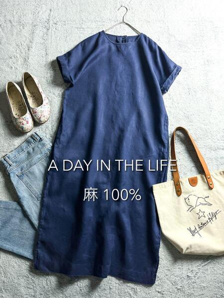 【A DAY IN THE LIFE】麻100% サックワンピース ブルー F