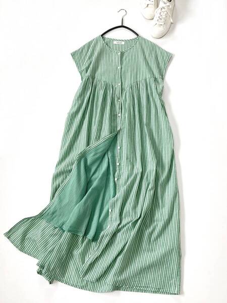 美品 URBAN RESEARCH Sonny Label サニーレーベル グリーン コットンドビーストライプワンピース