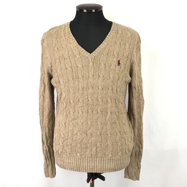 日本正規代理店タグ☆ラルフローレン/Ralph Lauren☆シルク100%/セーター【メンズM/ベージュ/Vネック/長袖/ケーブルニット】TOPS◇zBH673