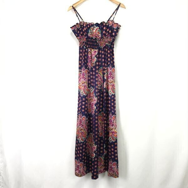 USA製/Vintage☆ラバーダック/Rubber Ducky☆サテン/総柄プリント/マキシ丈ワンピース/サンドレス/リゾート【S/紺系】dress◇cBH909