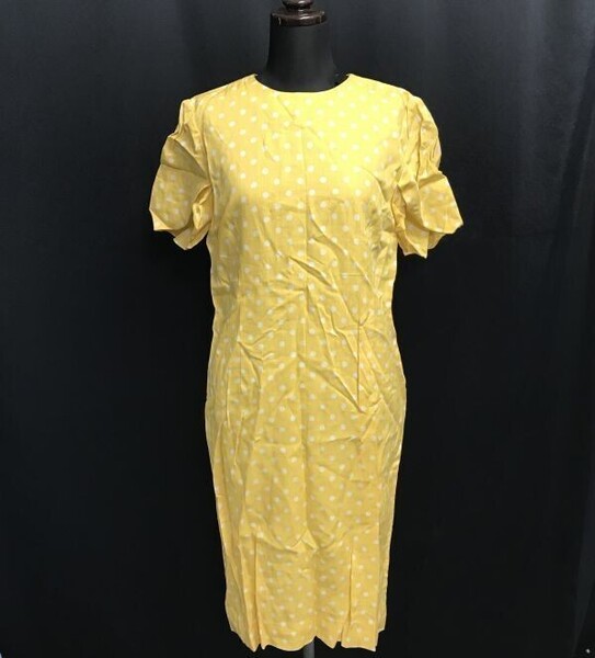 90s/Vintage☆ピエールカルダン/pierre cardin☆麻混/半袖ワンピース【JAPAN 7/レディースS/黄×白/ドット柄】膝丈/Tops/dress◇cBH939