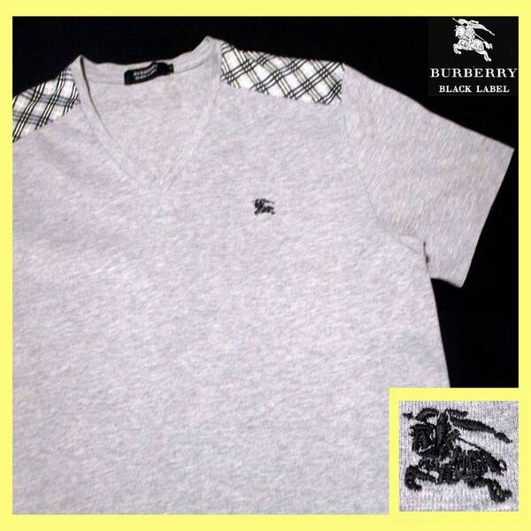旗艦店限定!極美品!大人気 L(3)!肩ノバチェックデザイン Tシャツ 日本製◇バーバリーブラックレーベル BURBERRY BLACK LABEL ホース刺繍