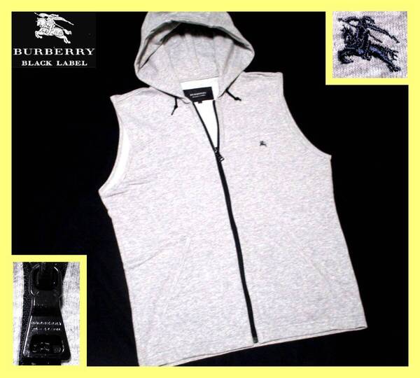 大人気 L(3)!美品!フード付き ジップアップ スウェット ベスト 日本製◇バーバリーブラックレーベル BURBERRY BLACK LABEL ホース刺繍