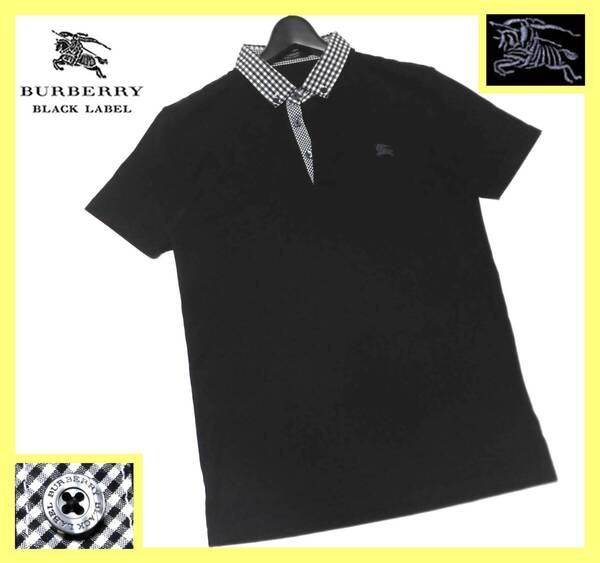 襟・前立てギンガムチェックデザイン!ポロシャツ 日本製 サイズ M(2)◇バーバリーブラックレーベル BURBERRY BLACK LABEL ホース刺繍