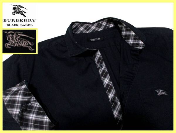 大人気 L(3)!極美品!ノバチェックデザイン!7分袖 ストレッチシャツ◇バーバリーブラックレーベル BURBERRY BLACK LABEL ホース刺繍