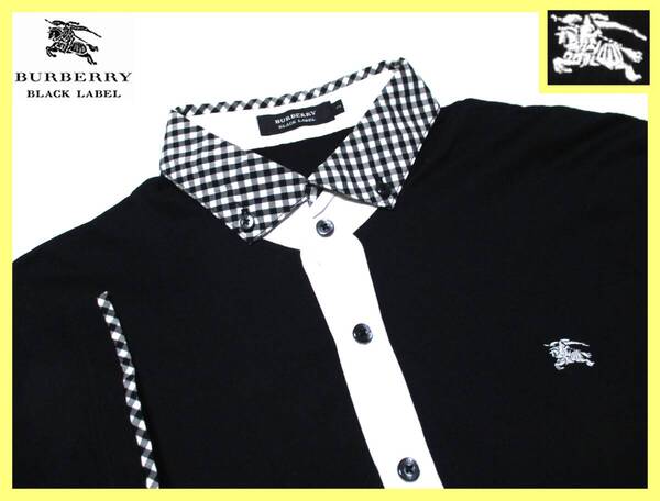 バーバリーブラックレーベル BURBERRY BLACK LABEL ホース刺繍 襟・袖口ギンガムチェックデザイン ポロシャツ 日本製 サイズ M(2)