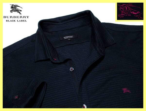 大人気 L(3)!美品!シャドーフルボーダーデザイン 前立てライン シャツ 夏◇バーバリーブラックレーベル BURBERRY BLACK LABEL ホース刺繍