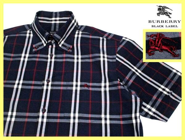 極美品!大人気M~L(2)!フルノバチェックデザイン BDシャツ 日本製 ネイビー◇バーバリーブラックレーベル BURBERRYBLACKLABEL ホース刺繍