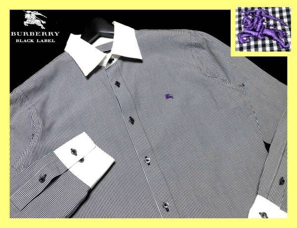 大人気 L(40)!襟・袖口ホワイトカラー ギンガムチェックデザイン シャツ◇バーバリーブラックレーベル BURBERRY BLACK LABEL ホース刺繍