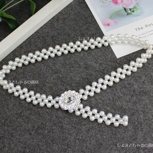 【シルバー】丸型 パールビジュー サークルバックルゴム細ベルト 2cm 銀色金具