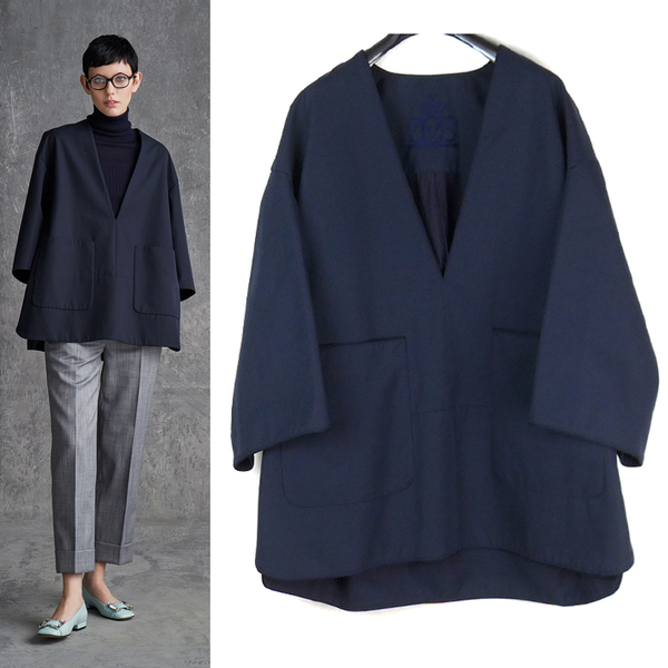 Drawer ドゥロワー 22SS コットンギャバジンVネックブラウス NAVY 36 BLAMINK プルオーバー オーバーサイズ フレアスリーブ