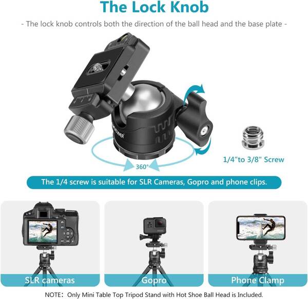 ファッション コンパクト卓上ミニ三脚 360°薄型ボールヘッド付き 1/4型Ar