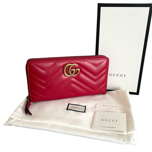 【新品未使用】グッチ GUCCI シェブロン キルティング GGマーモント ラウンドファスナー 長財布 本革 レザー レッド 赤
