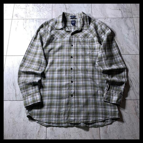 90s 00s OLD GAP ガーゼ シャツ 長袖 グリーン チェック L