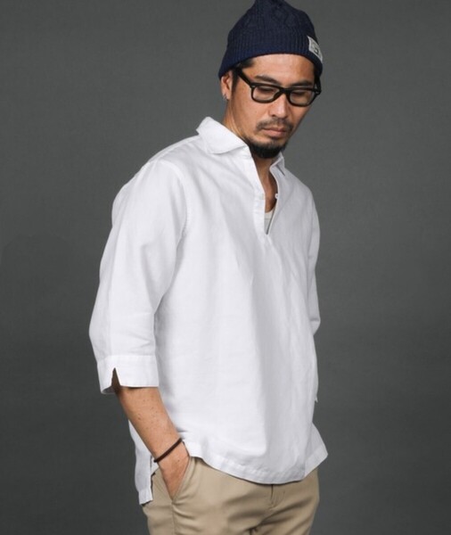 The DUFFER of ST.GEORGE LINEN BLEND 3Q SKIPPER SHIRT:綿麻素材 7分袖 スキッパーシャツ 長袖シャツ【M】【White】【Spring/Summer】