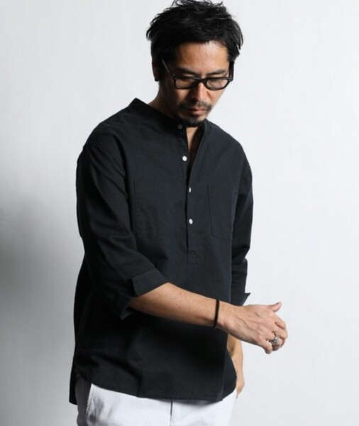 The DUFFER of ST.GEORGE 3Q COTTON/LINEN NO COLLAR SHIRT:7分袖 コットン/リネン ノーカラーシャツ【XL】【Navy】【Spring/Summer】