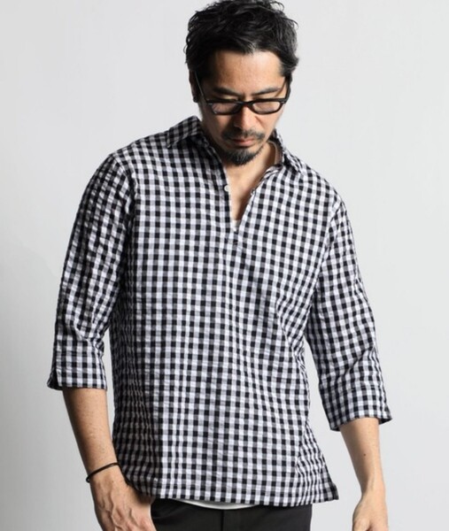 The DUFFER of ST.GEORGE 3Q COTTON/LINEN NO COLLAR SHIRT:7分袖 コットン/リネンノーカラーシャツ【L】【Black】【2023-24/SS】