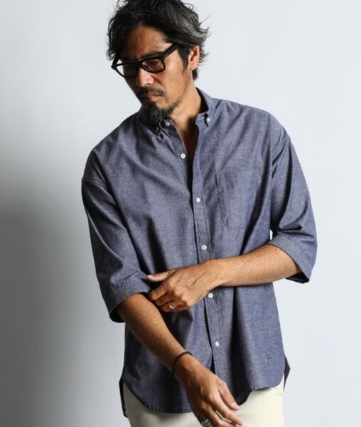 The DUFFER of ST.GEORGE C/L CHAMBRAY 3Q SHIRT:綿麻シャンブレー 5分袖シャツ【S】【Navy】【2024/SS】
