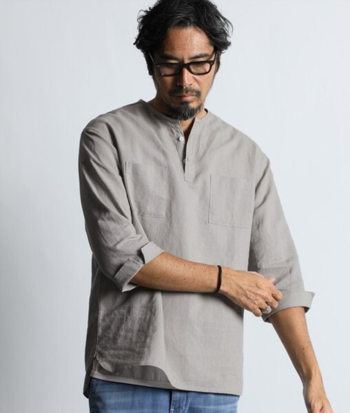 The DUFFER of ST.GEORGE LINEN BLEND NO COLLAR 3Q SHIRT:綿麻素材 7分袖 ノーカラーシャツ【XL】【Light Gray】【2024/SS】