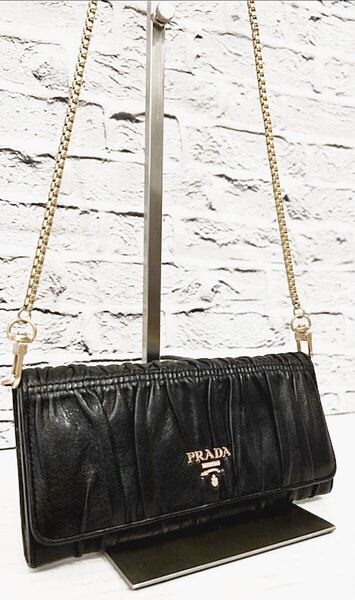 美品◆ PRADA プラダ マテラッセ ナッパレザー クロスボディ ショルダー ウォレット バッグ ポシェット 長財布 黒x金◆ クロスボディ仕様♪