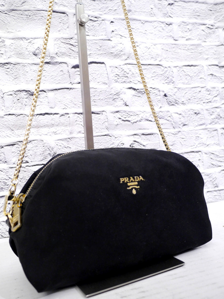 美品◆PRADA プラダ ロゴデザイン クロスボディ チェーンストラップ ショルダー カメラ バッグ ポーチ 黒x金◆レトロ感が可愛いレアモデル